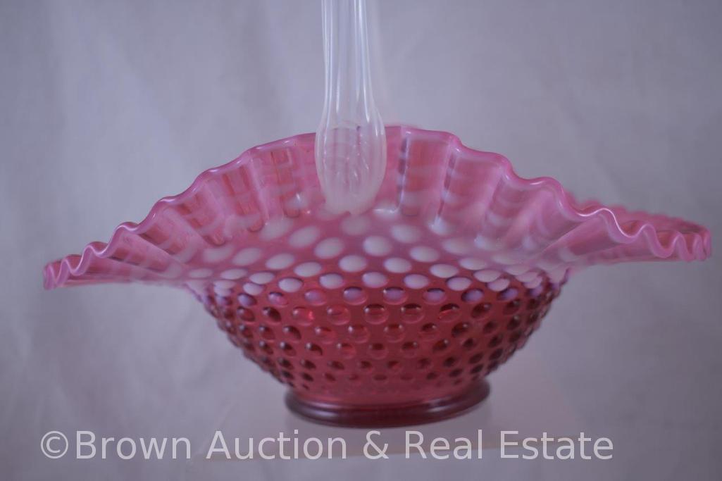 (2) Large Fenton Hobnail baskets - cranberry opalescent and topaz opalescent