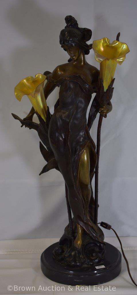 Figural bronze lamp of maiden holding 2 illuminating flowers with translucent shades, 27" tall,