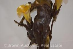 Figural bronze lamp of maiden holding 2 illuminating flowers with translucent shades, 27" tall,