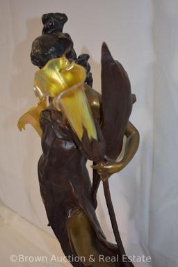 Figural bronze lamp of maiden holding 2 illuminating flowers with translucent shades, 27" tall,