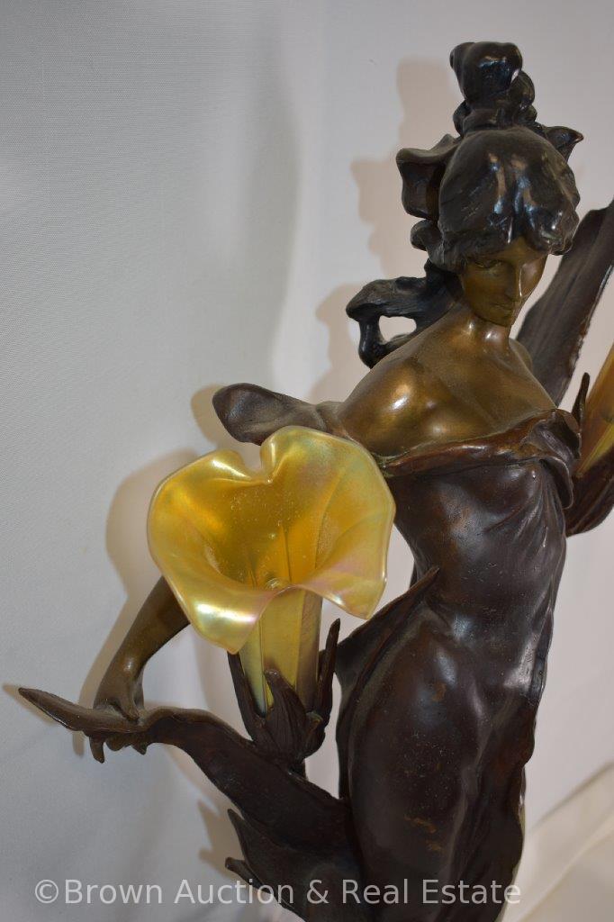 Figural bronze lamp of maiden holding 2 illuminating flowers with translucent shades, 27" tall,