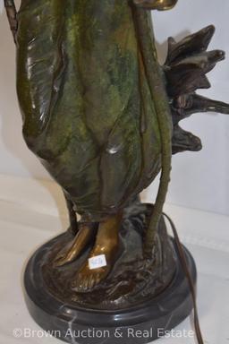 Maiden lamp by Auguste Moreau, illuminating flowers with translucent shades, 29" tall, marble base,