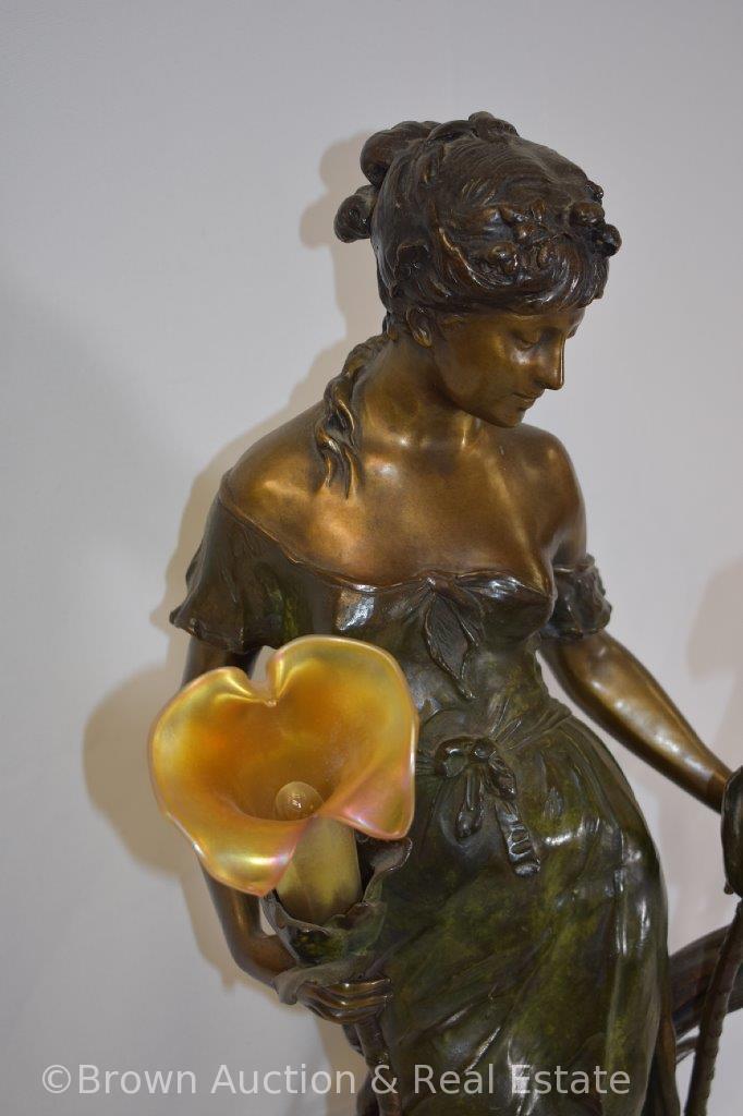 Maiden lamp by Auguste Moreau, illuminating flowers with translucent shades, 29" tall, marble base,
