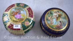 (2) Round dresser boxes, both have Classical scenes on lid: 1-5"d cobalt, blue beehive mark;