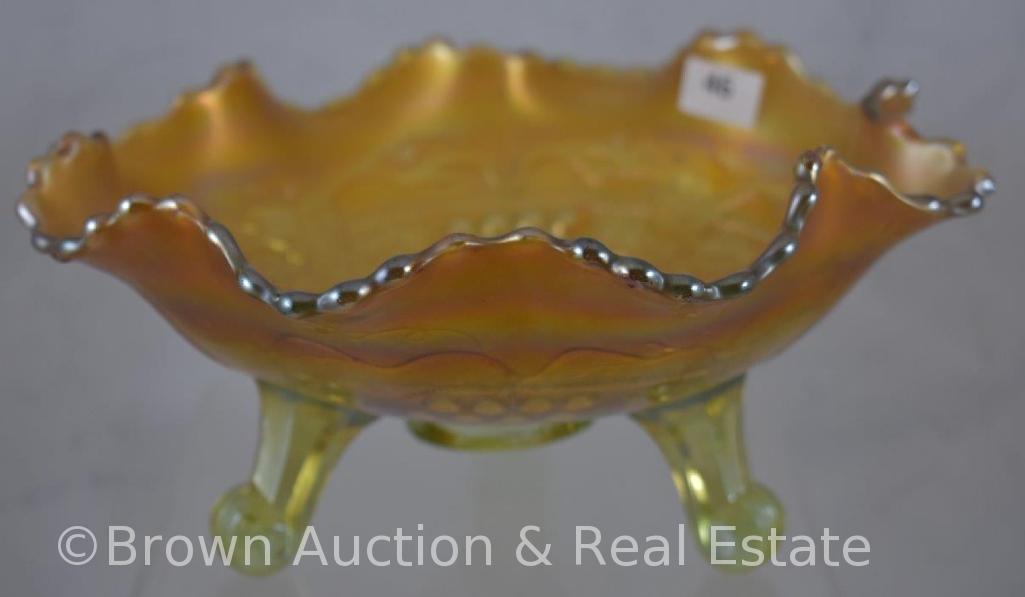 Carnival Glass Grape and Cable 4"h x 8"d bowl with ball and claw feet, pale green with butterscotch
