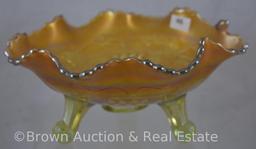 Carnival Glass Grape and Cable 4"h x 8"d bowl with ball and claw feet, pale green with butterscotch