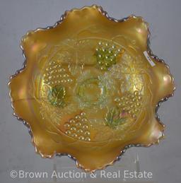 Carnival Glass Grape and Cable 4"h x 8"d bowl with ball and claw feet, pale green with butterscotch