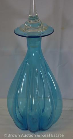 Blenko-style blue Art Glass 24" tall decanter with clear stopper