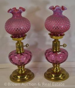 Pr. Cranberry opalescent Hobnail 17" tall lamps