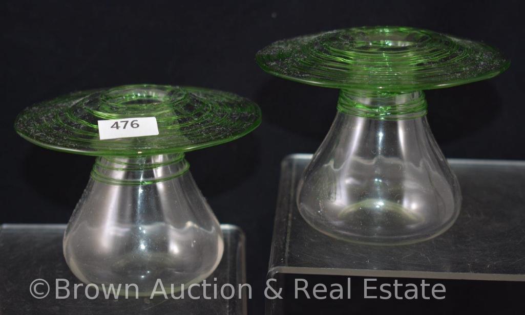 Pr. Clear Crystal Blenko Art Glass 3"h spittoon vases with green threaded tops