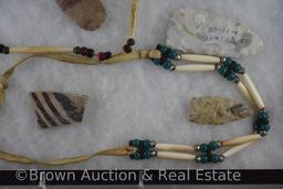 Assortment of pottery shards (800/1100AD) and (2) trade necklaces