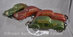 (4) Germany U.S. Zone tin wind-up cars, 4"l (no keys)