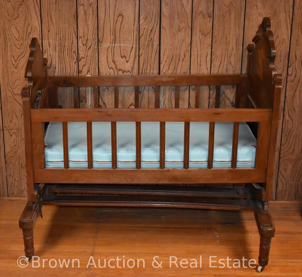 Antique wooden baby cradle, carved decorations on each end - butterfly and eagle **BROWN AUCTION