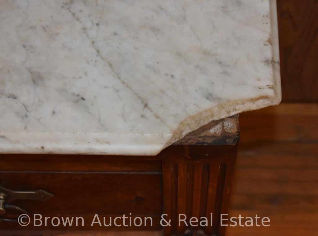 Marble top 2-drawer dresser, 40"w x 18.5" deep x 27" tall (marble is damged) **BROWN AUCTION WILL