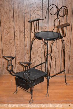 Shoe shine chair, bent metal construction with storage drawer below, wood arms and seat **BROWN