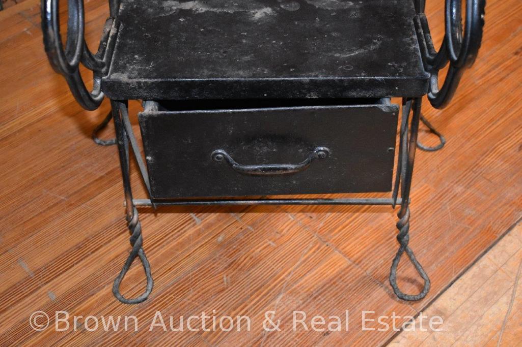 Shoe shine chair, bent metal construction with storage drawer below, wood arms and seat **BROWN