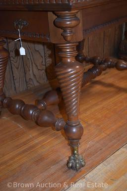 Gorgeous library table with twisted rim edging/legs and center support, drawer on 1 end, ball and