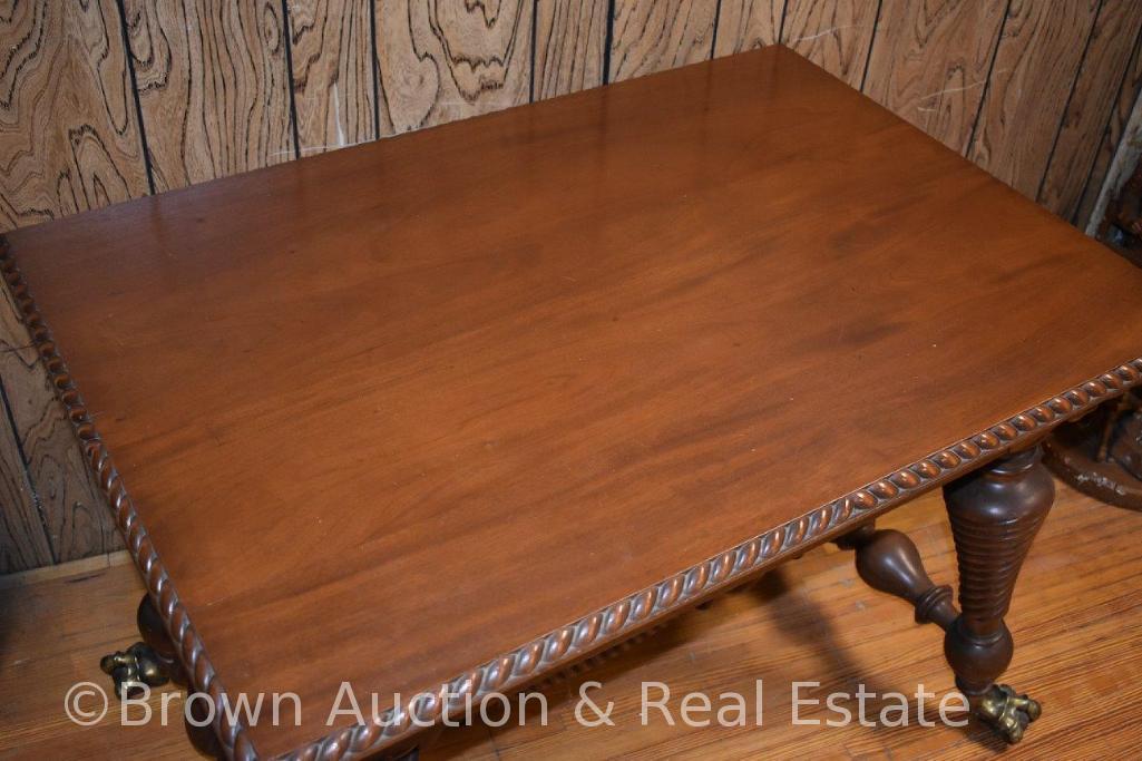 Gorgeous library table with twisted rim edging/legs and center support, drawer on 1 end, ball and