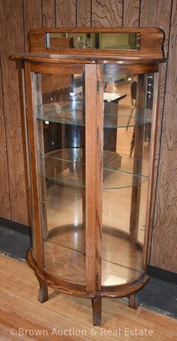 Smaller size Oak curved glass china cabinet, mirrored back with glass shelves, 32"w x 5'2"h **BROWN