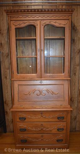 Secretary slant front desk, bookcase top with dbl. glass doors, 3 lower drawers, 6'11" tall, overall