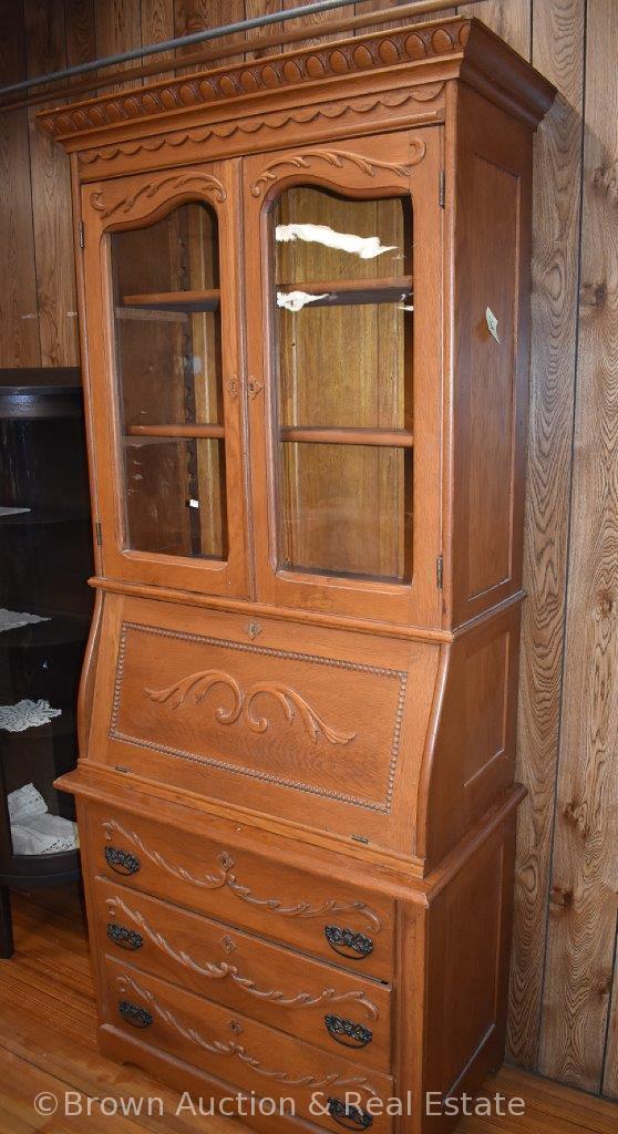 Secretary slant front desk, bookcase top with dbl. glass doors, 3 lower drawers, 6'11" tall, overall