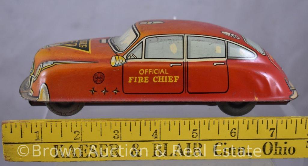 (2) Fire Chief tin litho wind-up cars, 7"l - WORKS! SEE VIDEO!