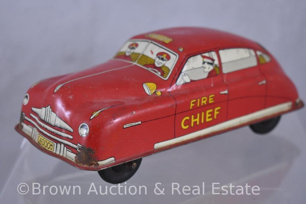 (2) Fire Chief tin litho wind-up cars, 7"l - WORKS! SEE VIDEO!