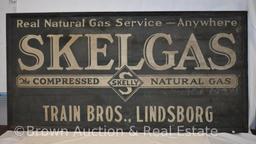 Skelly Oil SST smaltz advertising sign, Skelgas, Train Bros.-Lindsborg, original wood frame, 6' x 3'