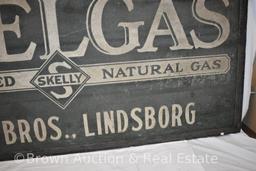 Skelly Oil SST smaltz advertising sign, Skelgas, Train Bros.-Lindsborg, original wood frame, 6' x 3'