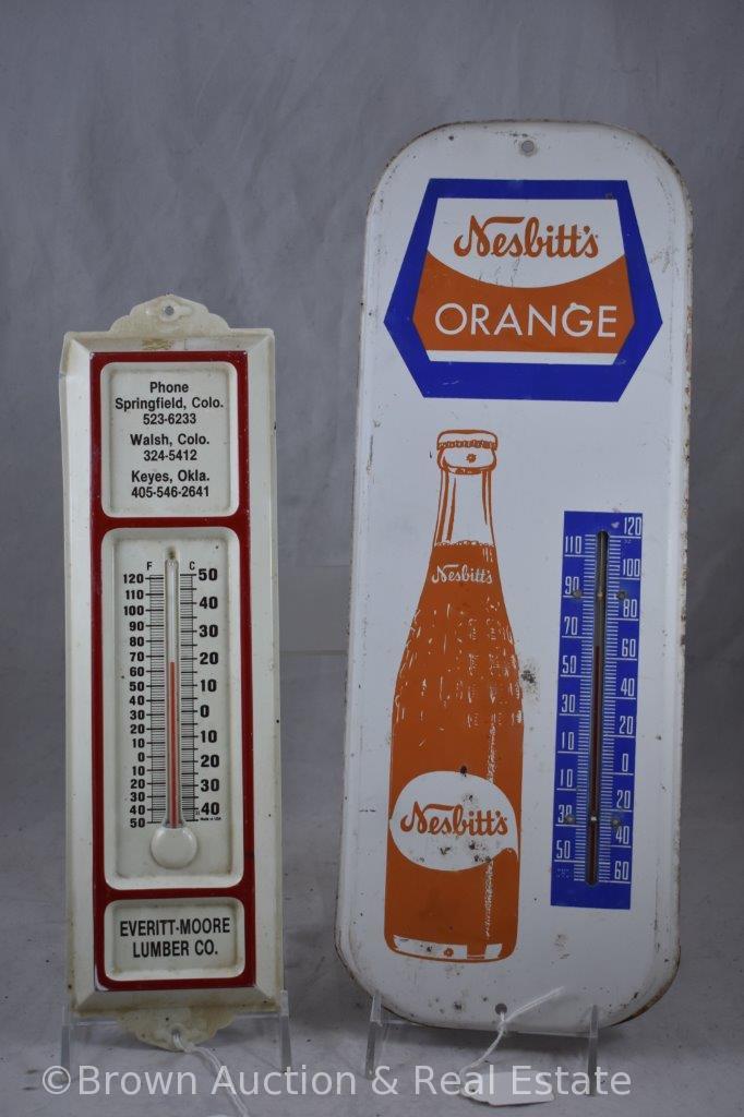 (2) Advertising thermometers: Nesbitt's Orange soda & Everitt-Moore Lumber Co.