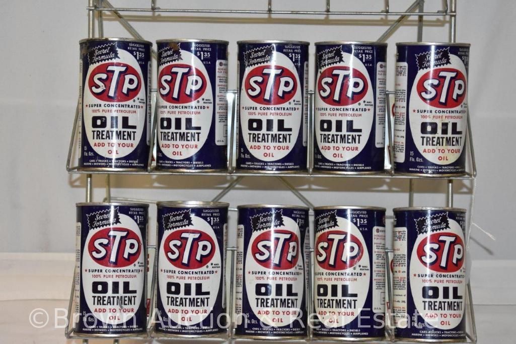 STP oil treatment store display stand & 10 full 15 oz. cans