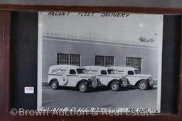 Table top or wall hanging display shelf, 21"w x 17.5"h, includes old photo of delivery tucks from