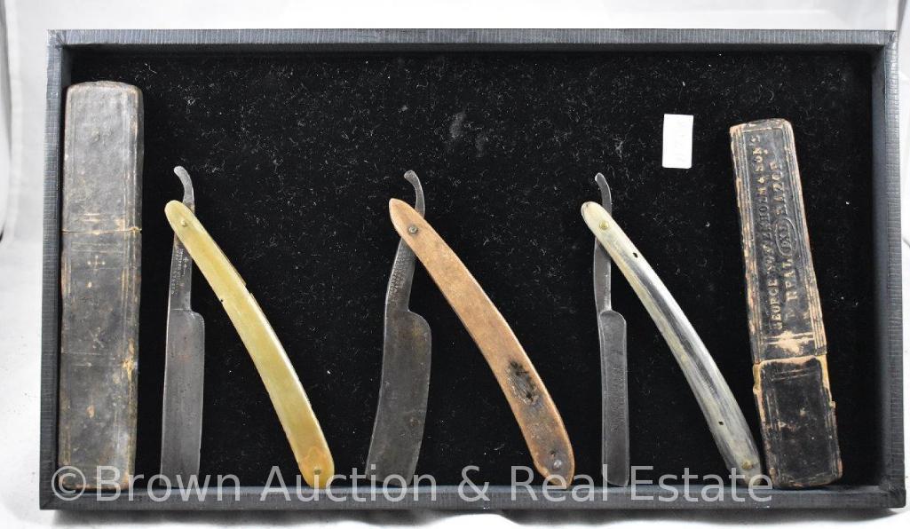 (3) Straight edge folding razors: George Wostenholm & Sons with case; Wade & Butcher Sheffield with