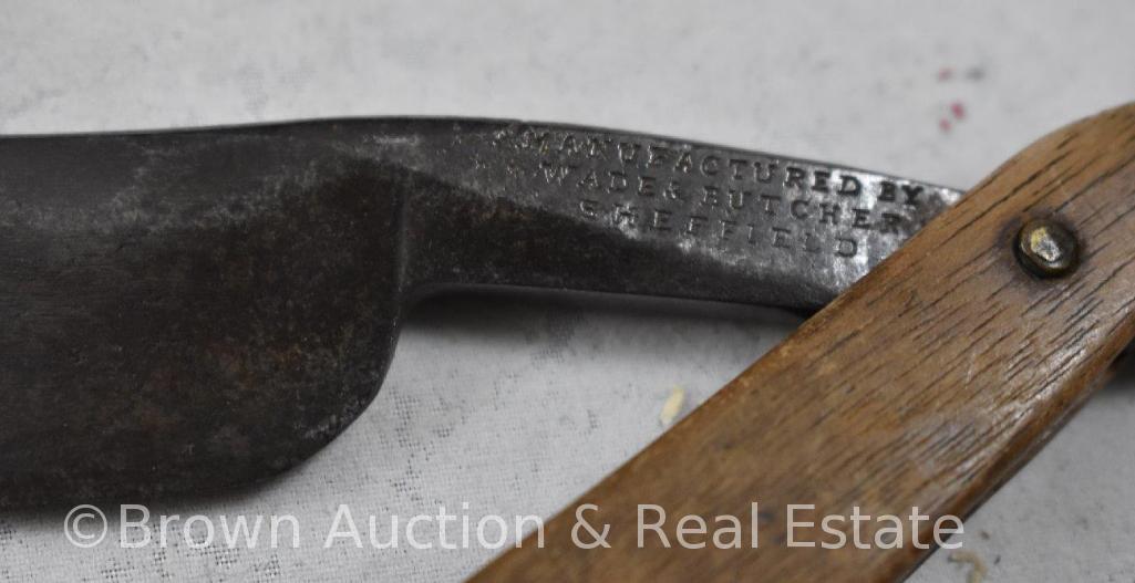 (3) Straight edge folding razors: George Wostenholm & Sons with case; Wade & Butcher Sheffield with