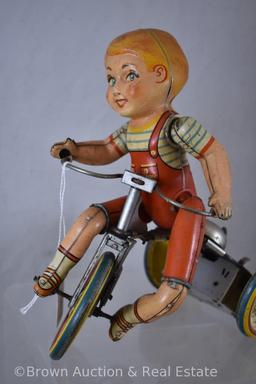 Unique Art Kiddy Cyclist tin-litho wind-up toy - WORKS! SEE VIDEO!