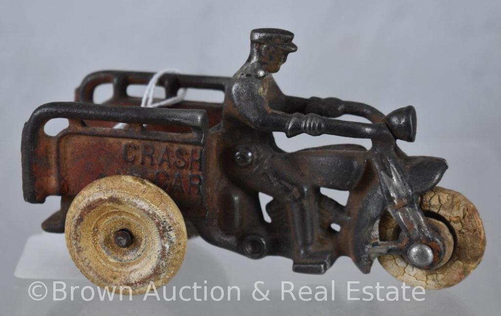 (2) Hubley Cast Iron "Crash Car" motorcycles, 5"l