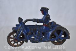 (3) Hubley Cast Iron police motorcycles with side car