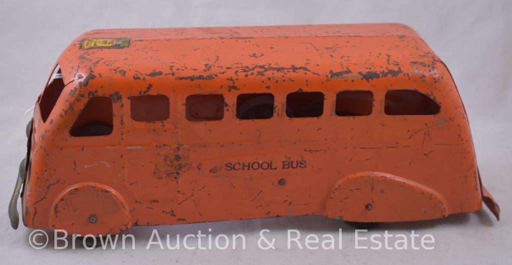 Marx orange pressed steel Pull Toy school bus, 11.5" (missing bell)