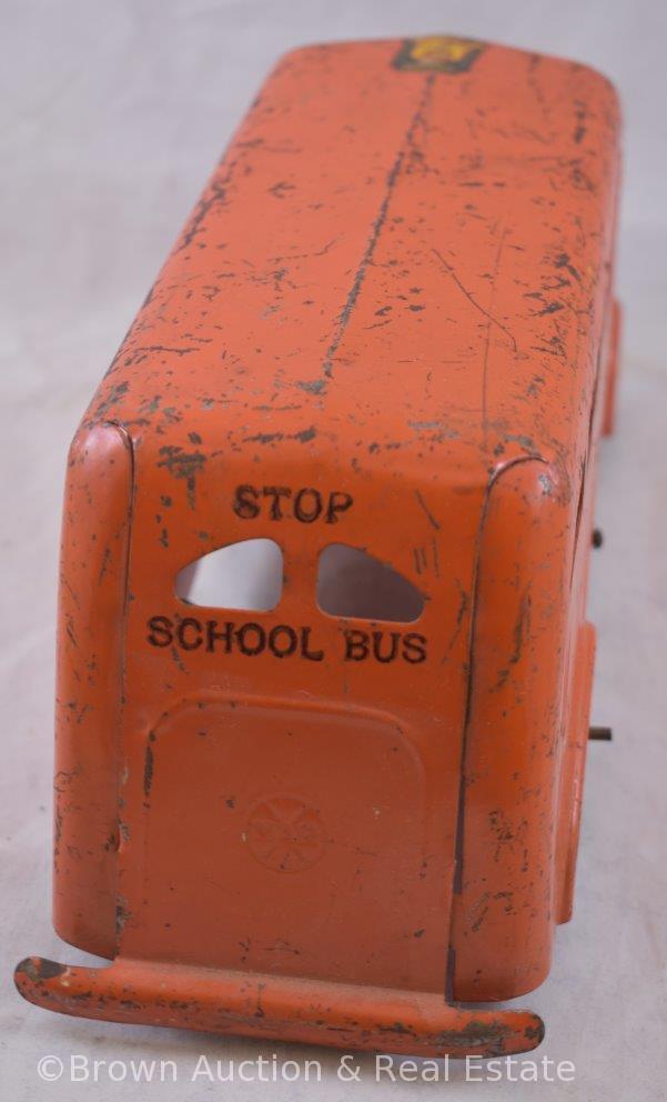 Marx orange pressed steel Pull Toy school bus, 11.5" (missing bell)