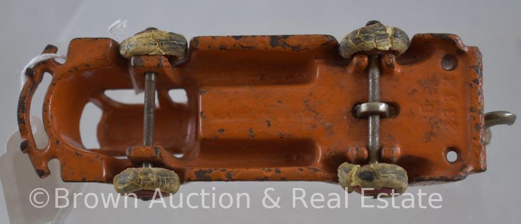 (2) Cast Iron 5.5" trucks: 1-Hubley #2332 wrecker tow truck; 1-gold stake truck