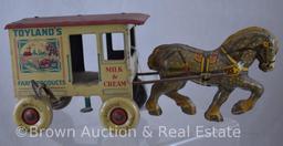 Marx tin wind-up 10.5" horse drawn "Toylands Farm Products" delivery wagon