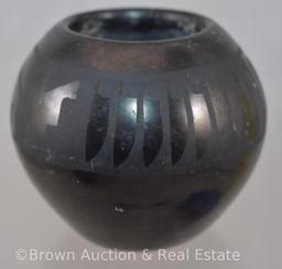 Native American 3"h black-on-black pot, signed Marie and Santaus