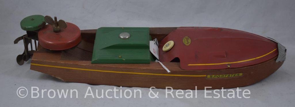 1920's Liberty "Sportster" mechanical wood and tin wind-up toy speed boat, 15" - WORKS! SEE VIDEO!