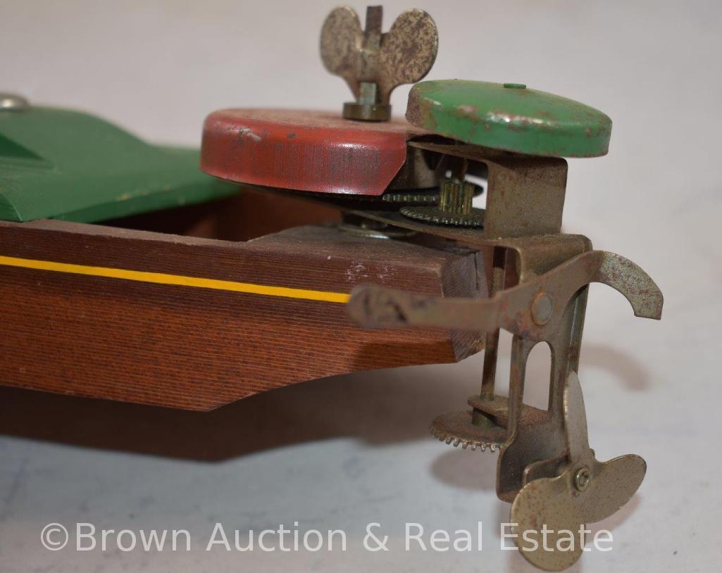 1920's Liberty "Sportster" mechanical wood and tin wind-up toy speed boat, 15" - WORKS! SEE VIDEO!