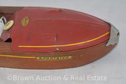 1920's Liberty "Sportster" mechanical wood and tin wind-up toy speed boat, 15" - WORKS! SEE VIDEO!