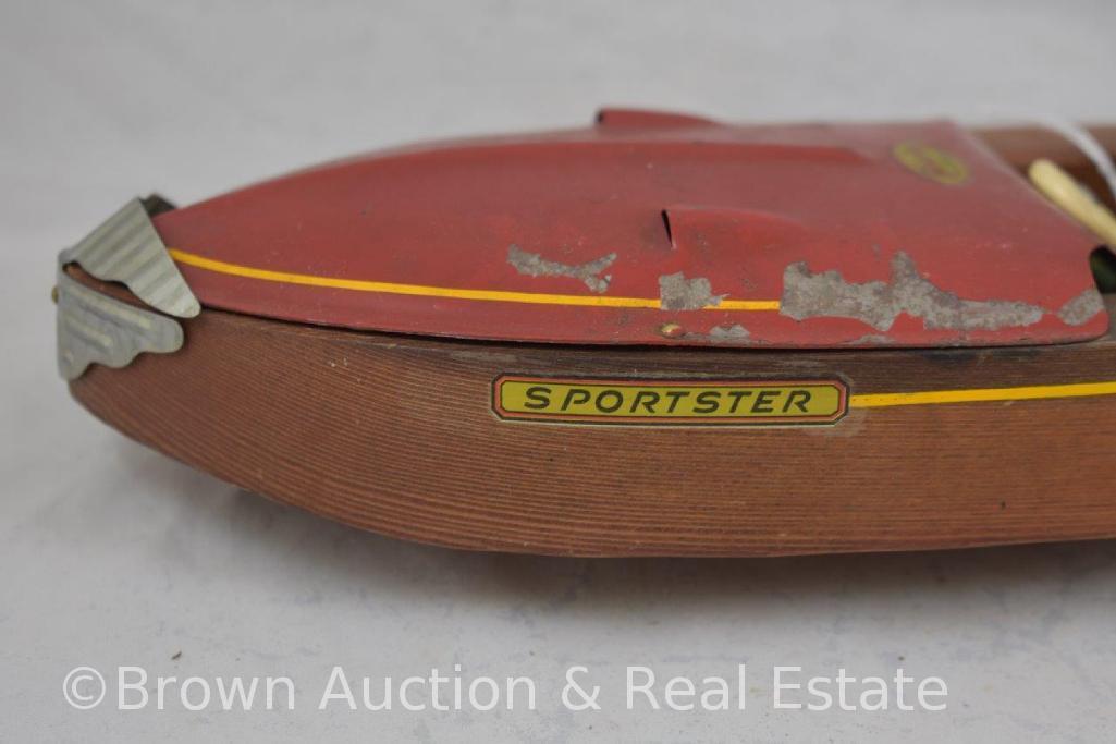 1920's Liberty "Sportster" mechanical wood and tin wind-up toy speed boat, 15" - WORKS! SEE VIDEO!