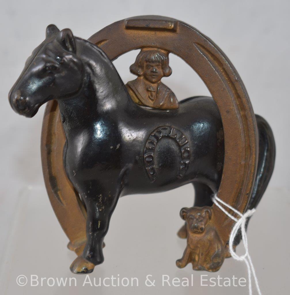 Cast Iron "Good Luck" Horseshoe/Buster Brown bank