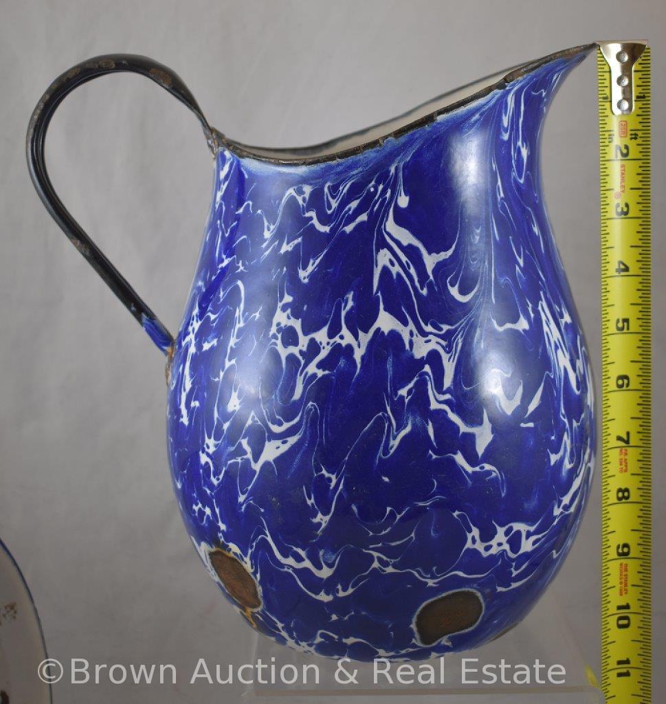 (2) Cobalt Graniteware pieces: 10.5"h commode pitcher and 8.5"d bowl mrkd. Austria