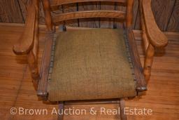 Antique Oak glider rocker, spindle back, upholstered seat **BROWN AUCTION WILL NOT SHIP THIS ITEM.