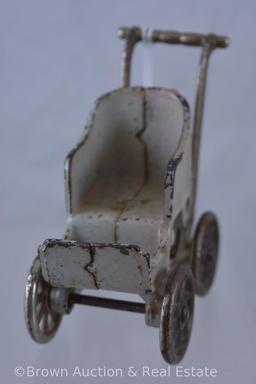 (2) Kilgore Cast Iron doll house miniature pieces: 3.5"h high chair and baby buggy